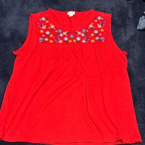 J. Crew Red Sleeveless Tank with Multicolor Floral Embroidery